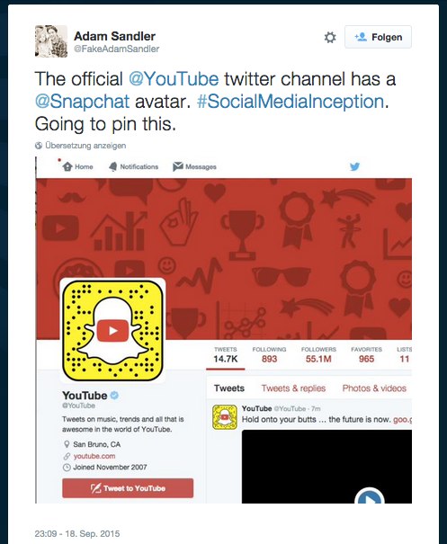 YouTube twitter channel has a @Snapchat avatar. #SocialMediaInception